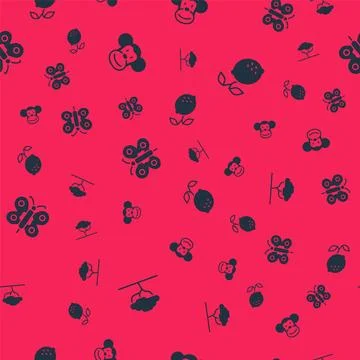 Set African tree, Monkey, Butterfly and Lemon on seamless pattern. Vector Stock Illustration