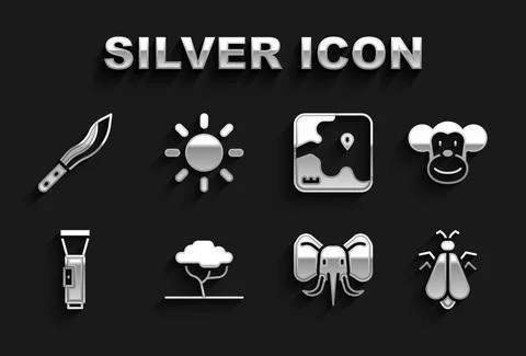 Set African tree, Monkey, Mosquito, Elephant, Flashlight, safari map, Machete Illustrazione stock