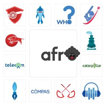 Set of afro, audio visual, umbrella, compas, pen nib, caterpillar, , bull ico 免费库存插图