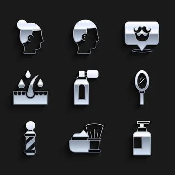 Set Aftershave with atomizer, Shaving brush foam, Bottle of shampoo, Hand mirror Stock Illustration
