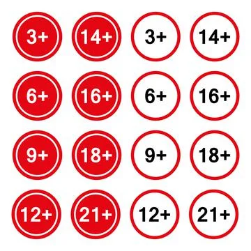 Set of age restriction badges, 3 , 6 , 9 , 12 , 14 , 16 , 18 , 21 . Isolated  Stock Illustration