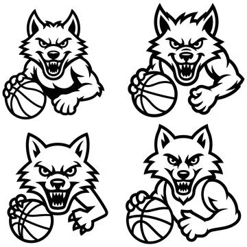 Set of aggressive wolf mascot playing basketball for sports team branding. Stock Illustration