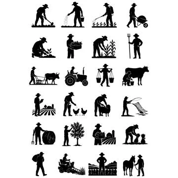 Set of agricultural worker silhouettes performing farming activities in field Ilustración de archivo