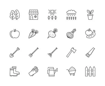 Set of Agriculture Line Icons. Trees, Forest, House, Field, Flowerpot and more. 스톡 일러스트