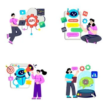 Set of Ai and Development Flat Illustrations 스톡 일러스트