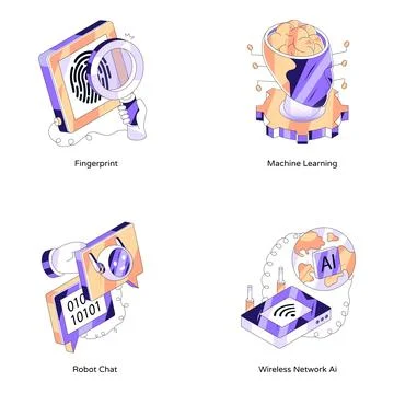 Set of Ai and Network Isometric Illustrations Stock Illustration