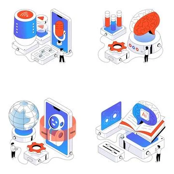 Set of Ai and Robot Isometric Stock Illustration