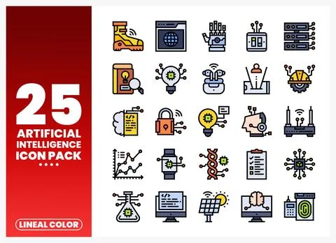 Set of AI and technology icons in a lineal color style on a white background. Stock Illustration