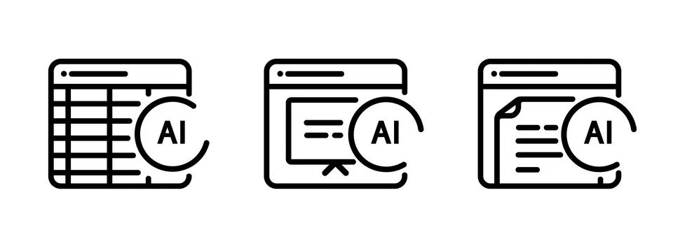 Set of AI artificial intelligence office application icons in outline style イラスト素材