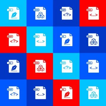 Set AI file document, 3DS, PHP and XML icon. Vector Illustration