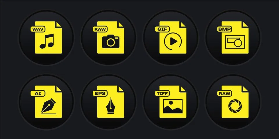 Set AI file document, BMP, EPS, TIFF, GIF, RAW, and WAV icon. Vector 스톡 일러스트