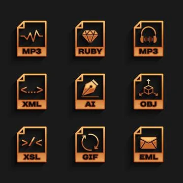 Set AI file document, GIF, EML, OBJ, XSL and XML icon. Vector Illustrazione stock