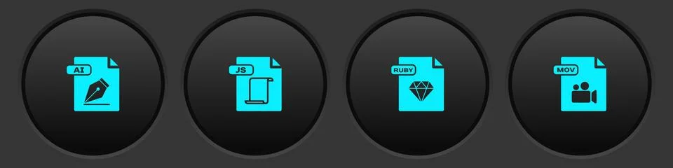 Set AI file document, JS, RUBY and MOV icon. Vector Stock Illustration