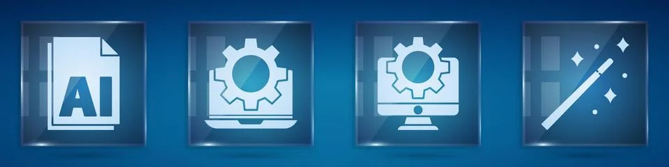 Set AI file document, Laptop and gear, Computer monitor and gear and Magic wand Stock Illustration