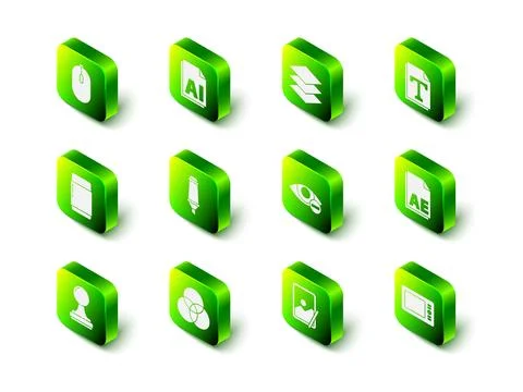 Set AI file document, Layers, Text, AE, Graphic tablet, Red eye effect, and RGB 스톡 일러스트