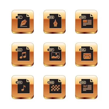 Set AI file document, MP3, PNG, GIF, WAV, PDF, DOC and EPS icon. Vector 스톡 일러스트