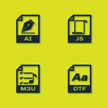 Set AI file document, OTF, M3U and JS icon. Vector Stock Illustration