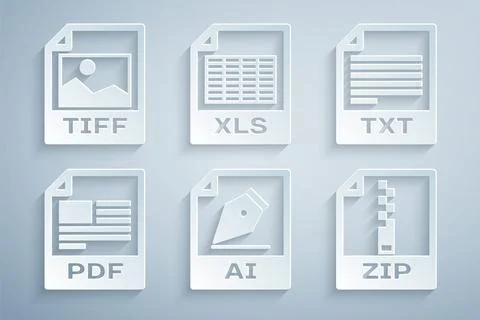 Set AI file document, TXT, PDF, ZIP, XLS and TIFF icon. Vector Stock Illustration