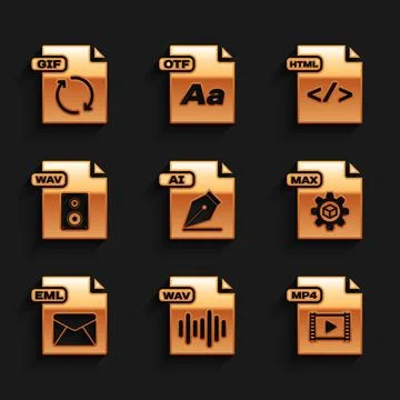 Set AI file document, WAV, MP4, MAX, EML, HTML and GIF icon. Vector 스톡 일러스트