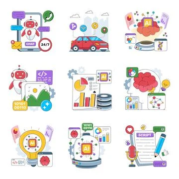 Set of Ai Technology Flat Illustrations Stock Illustration