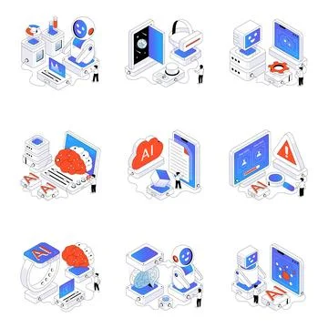 Set of Ai Technology Isometric Illustrations Stock Illustration