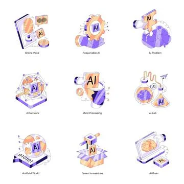 Set of Ai Technology Isometric Illustrations Stock Illustration