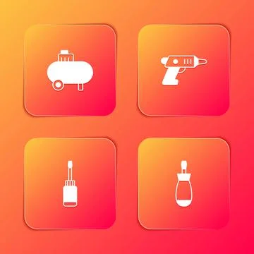 Set Air compressor, Electric cordless screwdriver, Screwdriver and icon. Vector Ilustração Stock