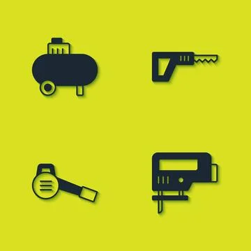 Set Air compressor, Electric jigsaw, Leaf garden blower and Reciprocating i.. Stock Illustration