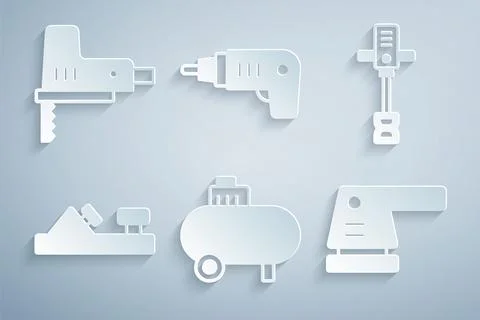 Set Air compressor, Electrical hand concrete mixer, Wood plane tool, sander 스톡 일러스트