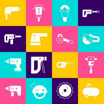 Set Air compressor, Electrical hand concrete mixer, Angle grinder, sander, .. 스톡 일러스트