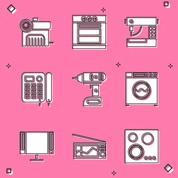 Set Air compressor, Oven, Sewing machine, Telephone, Electric cordless Illustrazione stock