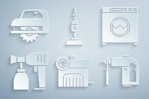 Set Air compressor, Washer, Paint spray gun, Rotary hammer drill machine, V.. Stock Illustration