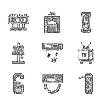 Set Air conditioner, Bellboy hat, Door handle, Retro tv, Please do not disturb Illustration