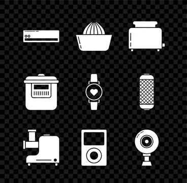 Set Air conditioner, Citrus fruit juicer, Toaster with toasts, Kitchen meat.. Stock Illustration