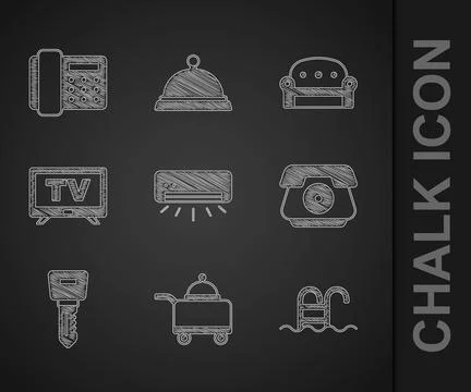 Set Air conditioner, Covered with tray of food, Swimming pool, Telephone hand Illustrazione stock