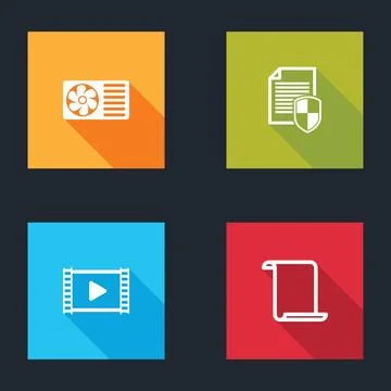 Set Air conditioner, Document protection, Play Video and Paper scroll icon. V Stockillustratie