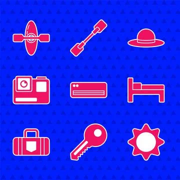 Set Air conditioner, Key, Sun, Bed, Suitcase, Action extreme camera, Elegant  Stock Illustration