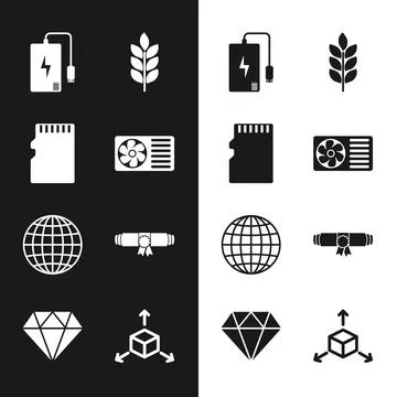 Set Air conditioner, Micro SD memory card, Power bank, Wheat, Earth globe and Stock Illustration