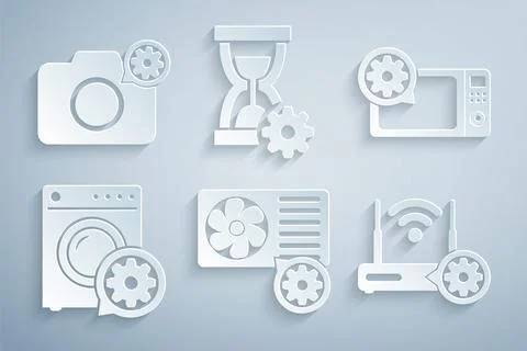 Set Air conditioner setting, Microwave oven, Washer, Router and wi-fi, Hourglass Stock Illustration
