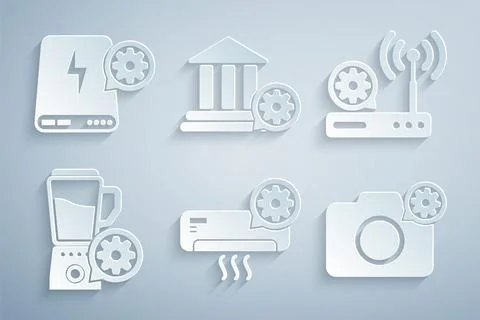 Set Air conditioner setting, Router and wi-fi, Blender with bowl, Photo cam.. Stock Illustration