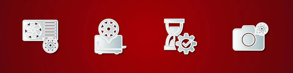 Set Air conditioner setting, Toaster, Hourglass and Photo camera icon. Vector Illustrazione stock