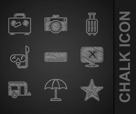 Set Air conditioner, Sun protective umbrella, Starfish, Speech bubble with Stock Illustration