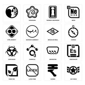 Set of air force, rupees, pure veg, defroster, contagion, brazilian real, htm Free Stock Illustration