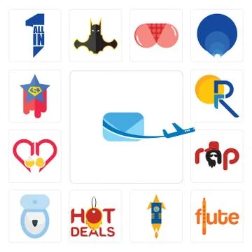 Set of air mail, flute, stellar, hot deals, toilet bowl, rap, senior care, pr Illustrazione stock gratuita