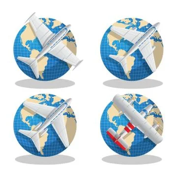 A set of aircraft on globes. Stock Illustration