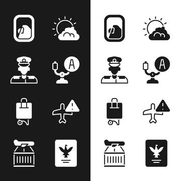 Set Aircraft steering helm, Pilot, Airplane window, Sun and cloud weather Illustrazione stock