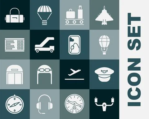 Set Aircraft steering helm, Pilot hat, Hot air balloon, Airport conveyor belt Stock Illustration