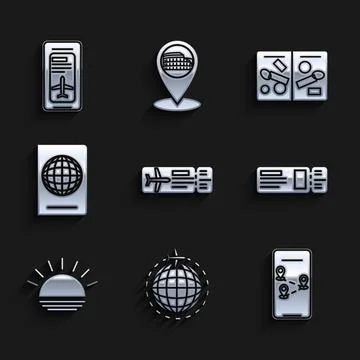 Set Airline ticket, Globe with flying plane, Infographic of city map navigation Illustrazione stock