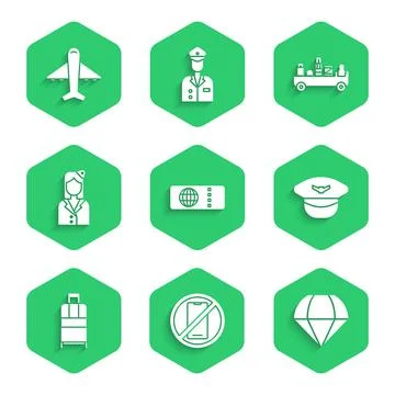 Set Airline ticket, No cell phone, Parachute, Pilot hat, Suitcase, Stewardess Stock Illustration