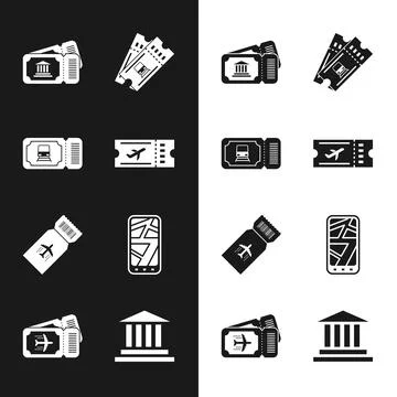 Set Airline ticket, Train, Museum, Infographic of city map, building and icon Ilustración de archivo